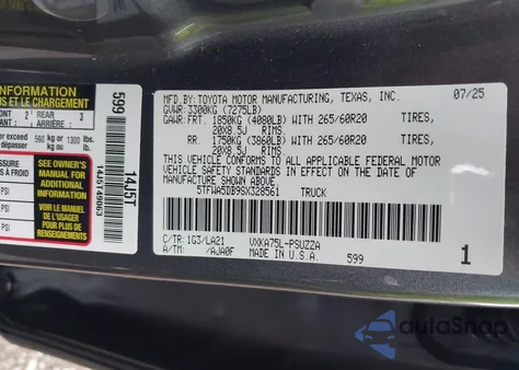 2025 Toyota Tundra Platinum 4Wd z USA, uszkodzony, nr VIN 5TFWA5DB9SX328561